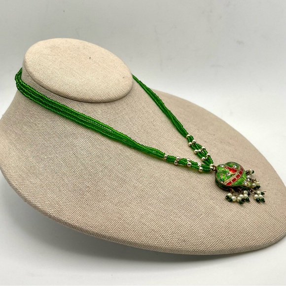 Gorgeous Green Bollywood Style Indian Necklace Handcrafted Enamel Seed Beads - Picture 8 of 16